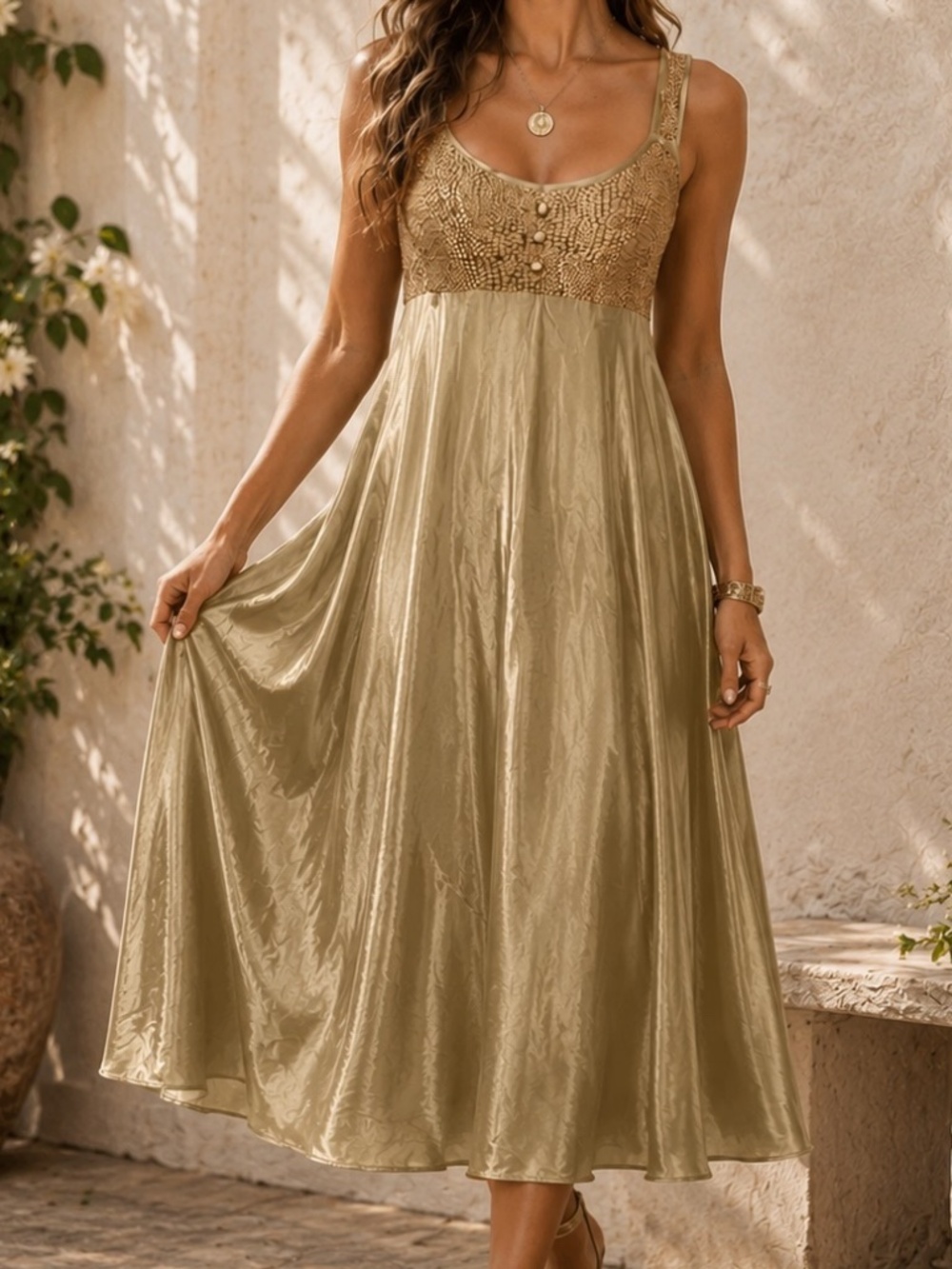 Gloria Vanderbilt Vintage Slip Dress Womens Size Medium Gold Nightgown Goddess
